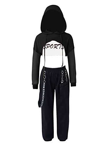 Alvivi Mädchen Hip Hop Kleidung Set Sport Langarmshirt Crop Tops + Sport Bra Bustier + Cargohose Trainingsanzug Jazz Street Dance Tanz Outfits A Schwarz 122-128 von Alvivi