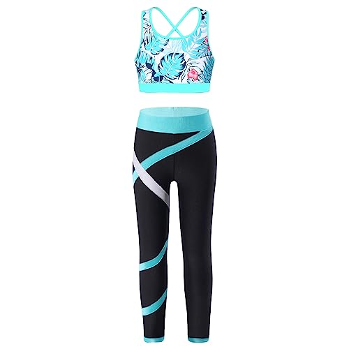 Alvivi Mädchen Sport Set Trainingsanzug Sport Bra Bustier Tops mit Sport Hose Leggings Sportanzug Jogginganzug Yoga Fitness Training Ba Blätter 134-140 von Alvivi