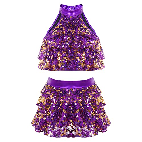 Alvivi Mädchen Tanzkleid Latein Pailletten Kleid Jazz Modern Dance Kostüm Crop Tops mit Rock Shorts Ballsaal Tanzkostüm Dancewear Aa Lila 146-152 von Alvivi