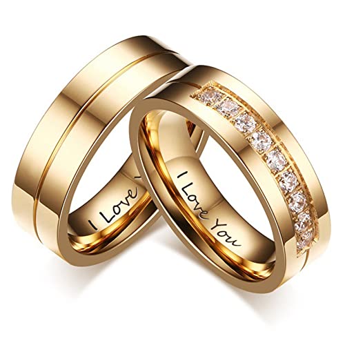 AMDXD Verlobungsringe Paar, 6MM Ringe Gold Set mit Zirkonia Hochzeit Ring, Gold, Damen 52 (16.6) & Herren 57 (18.1) von AMDXD