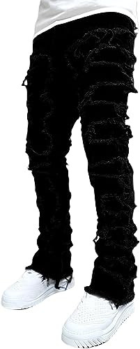 Amacigana Herren Gestapelte Jeans Slim Fit Ripped Skinny Stretch Jeans Distressed Gerade Denim Hosen Hip Hop Hosen Streetwear (A5,L) von Amacigana