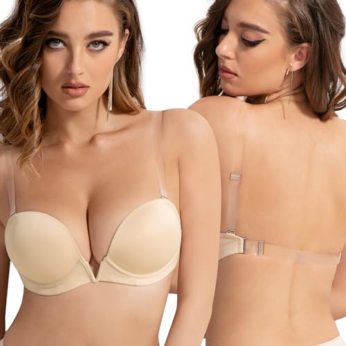 Amafuur Damen Deep V Plunge Gepolsterter Push Up BH mit klaren Trägern Rückenfrei Convertible Low Cut Bügel-BH, Beige, 80B von Amafuur