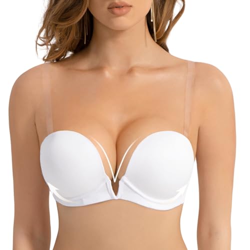 Amafuur Damen Deep V Plunge Gepolsterter Push Up BH mit klaren Trägern Rückenfrei Convertible Low Cut Bügel-BH, Weiss/opulenter Garten, 85E von Amafuur