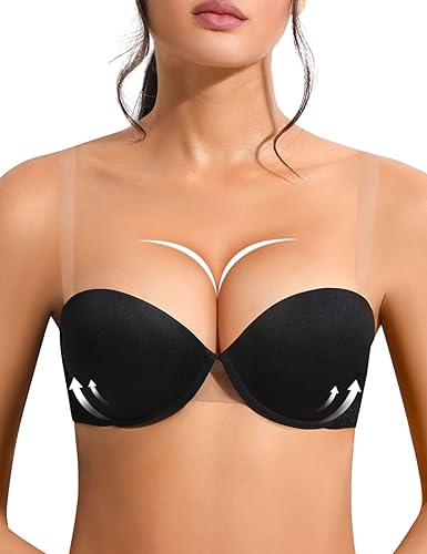 Amafuur Trägerloser Push-Up-BH, super gepolstert, mit transparenten Trägern, wandelbar, 2 Körbchen, Unterstützung, Bügel, Spitze, Demi-BHs, Schwarz, 70A von Amafuur