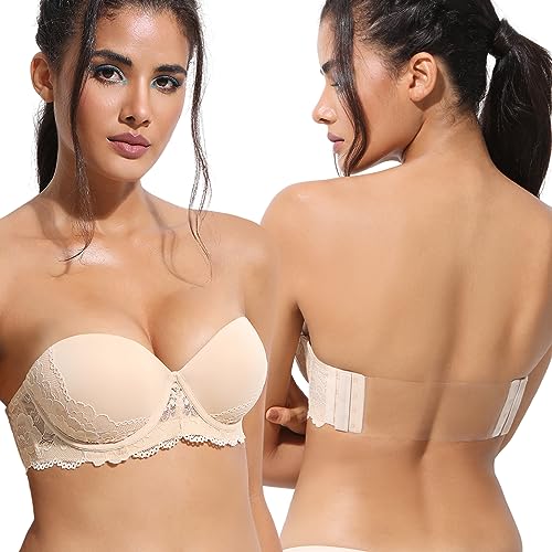 Damen Clear Back Trägerlos Super Gepolstert Push Up Spitze BH Convertible Träger Bügel Lift Up BHs, Hautfarben, 75A von Amafuur