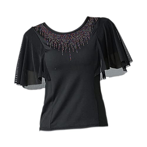 Amagogo Elegante Damen-Tanzoberteile, Blusen, Glockenärmel, bunter Strassausschnitt, Performance-Kleidung für Waltz Latin Rumba Tango-Übungsoberteile, 2XL von Amagogo