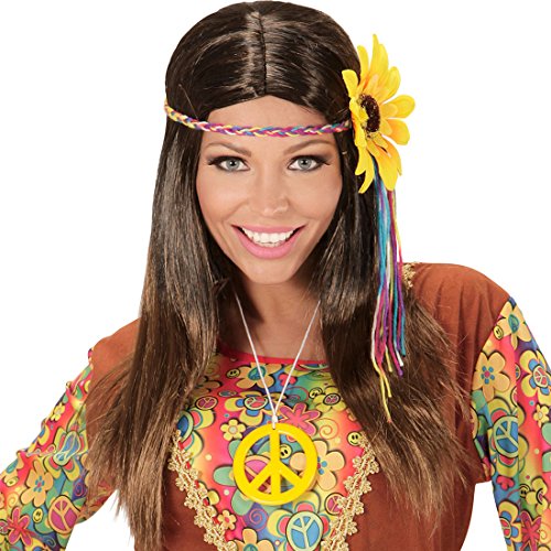 Amakando Damenperücke mit Blumen-Stirnband Flower Power Langhaarperücke 60er Jahre Faschingsperücke mit Haarband Hippieperücke mit Kopfschmuck Schlagermove Kostüm Accessoire 70er Jahre Hippie Perücke von Amakando