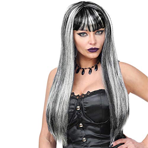 Amakando Extravagante Langhaar-Perücke Hexe für Damen/Schwarz-Weiß/Perücke mit Pony Dunkle Königin passend zu vielen Kostümen/Genau richtig zu Halloween & Mottoparty von Amakando