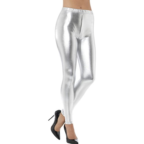 Amakando Glänzende Disco Pants - S (34/36) - 80er 90er Jahre Glanzleggins Glitzerleggings Blickdicht Metallic Leggins Party Stretchhose Silvester Silberne Metallic Leggings von Amakando