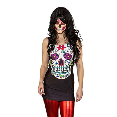 Amakando Minikleid Dia de los Muertos Sexy Sugar Skull Kleid S/M 34 40 Calavera Long Shirt La Catrina Stretchkleid Halloween Kostüm Damen Damenkostüm Tag der Toten von Amakando