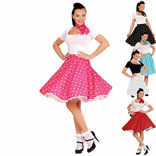 Amakando Swing Rock mit Halstuch 50er Tellerrock pink-weiß gepunktetes Rockabilly Outfit Rock'n'Roll Petticoat mit Polka Dots Faschingskostüm von Amakando
