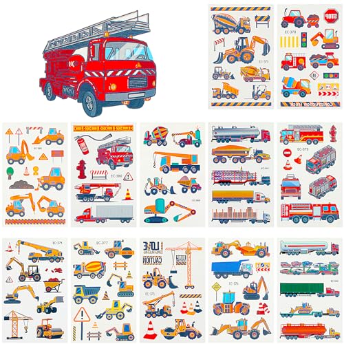 Amaxiu 12 Blätter Kinder Fahrzeug Tattoo, wasserdichte Autos temporäre Tattoos LKWs Transport temporäre Tattoos Bagger Bulldozer Partyzubehör für Jungen Karnevalsbelohnungen von Amaxiu