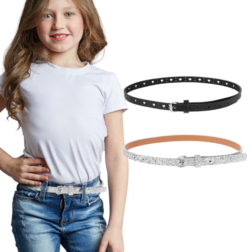 Amaxiu 2er Pack dünner Gürtel für Mädchen, Glitzergürtel niedlicher glänzender PU Ledergürtel verstellbarer Taillengürtel für Jeans Kleid(schwarz + grau) von Amaxiu