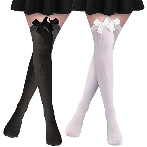 Amaxiu 2 Paar Süße Schleifenstrümpfe, Kawaii Overknee-Socken Satin-Oberschenkelstrümpfe lange Strümpfe für Mädchen und Frauen Partygeschenke (Standard, schwarz und weiß) von Amaxiu