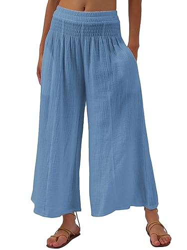 Amazhiyu Damen Hose mit weitem Bein, Palazzo, fließend, hohe Taille, lässige Lounge-Yogahose mit Taschen, blau, S von Amazhiyu