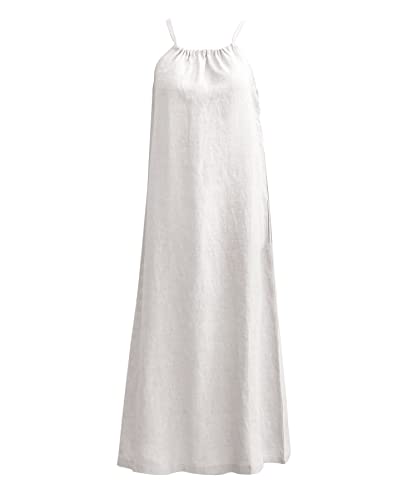 Amazhiyu Lässiges Leinenkleid für Damen, 100 % Leinen, Sommerkleid, ärmellos, Maxikleid, Kordelzug, Raffhalter mit Gürtel und Taschen, weiß, L von Amazhiyu