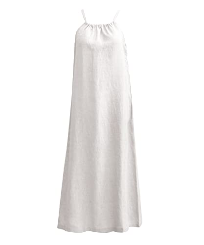 Amazhiyu Lässiges Leinenkleid für Damen, 100 % Leinen, Sommerkleid, ärmellos, Maxikleid, Kordelzug, Raffhalter mit Gürtel und Taschen, weiß, Medium von Amazhiyu
