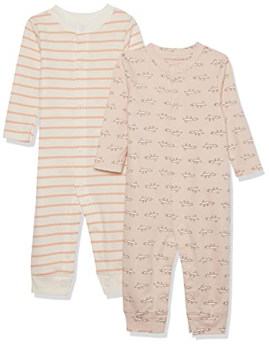 Amazon Essentials Unisex Baby Fußloser Overall aus Bio-Baumwolle (zuvor Amazon Aware), 2er-Pack, Beige Maus/Rosa Streifen, 0 Monate von Amazon Essentials