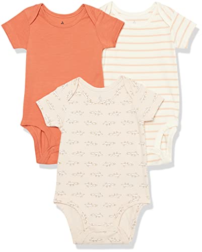 Amazon Essentials Unisex Baby Kurzärmliger Body aus Baumwoll-Stretchjersey (zuvor Amazon Aware), 3er-Pack, Beige Maus/Hellorange/Rosa Streifen, 0-3 Monate von Amazon Essentials