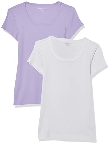 Amazon Essentials Damen T-Shirt mit Flügelärmeln und U-Ausschnitt in schmaler Passform, 2er-Pack, Weiß/Lavendel, XS von Amazon Essentials