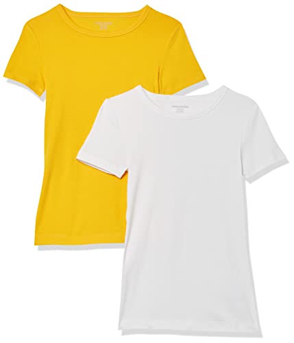 Amazon Essentials Damen Kurzärmeliges T-Shirt mit Rundhalsausschnitt, Schmale Passform, 2er-Pack, Weiß/Gold, XXL von Amazon Essentials