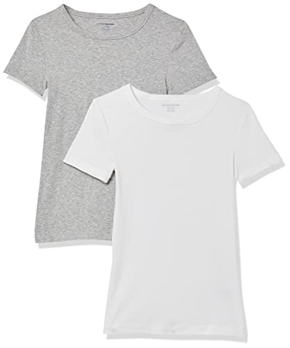 Amazon Essentials Damen Kurzärmeliges T-Shirt mit Rundhalsausschnitt, Schmale Passform, 2er-Pack, Weiß/Hellgrau Meliert, XL von Amazon Essentials