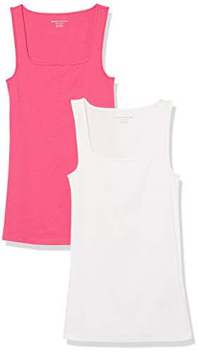 Amazon Essentials Damen Tanktop mit schmaler Passform und quadratischem Ausschnitt, 2er-Pack, Weiß/Dunkelrosa, L von Amazon Essentials