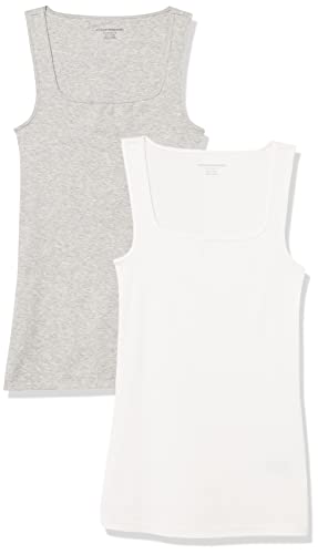 Amazon Essentials Damen Tanktop mit schmaler Passform und quadratischem Ausschnitt, 2er-Pack, Weiß/Hellgrau Meliert, XXL von Amazon Essentials