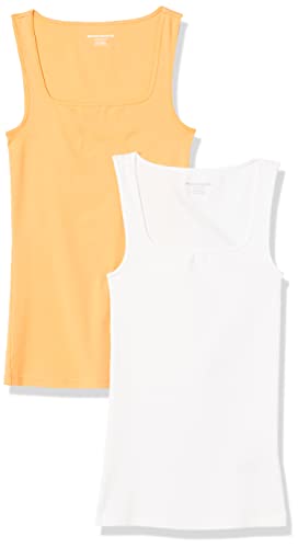 Amazon Essentials Damen Tanktop mit schmaler Passform und quadratischem Ausschnitt, 2er-Pack, Weiß/Melonenorange, L von Amazon Essentials