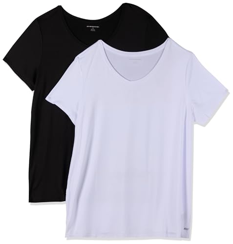 Amazon Essentials Damen Tech-Stretch-T-Shirt mit kurzen Ärmeln und V-Ausschnitt (erhältlich in Übergröße), 2er-Pack, Schwarz/Weiß, S von Amazon Essentials