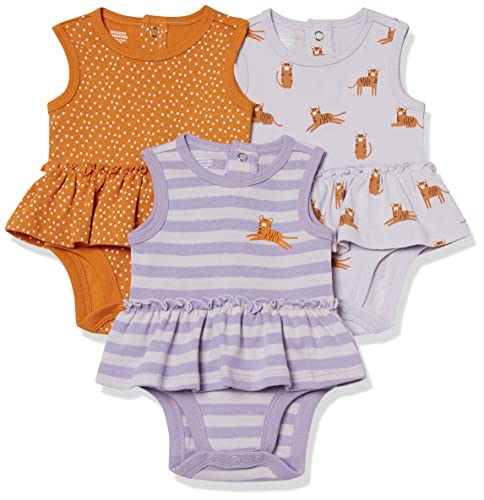 Amazon Essentials Baby Mädchen Ärmellose Bodysuit-Kleider, 3er-Pack, Gold Punkte/Lila Gepard/Purpur Streifen, 3-6 Monate von Amazon Essentials