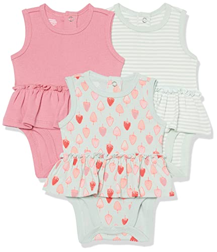 Amazon Essentials Baby Mädchen Ärmellose Bodysuit-Kleider, 3er-Pack, Grau Streifen/Rosa/Strawberries, 0-3 Monate von Amazon Essentials