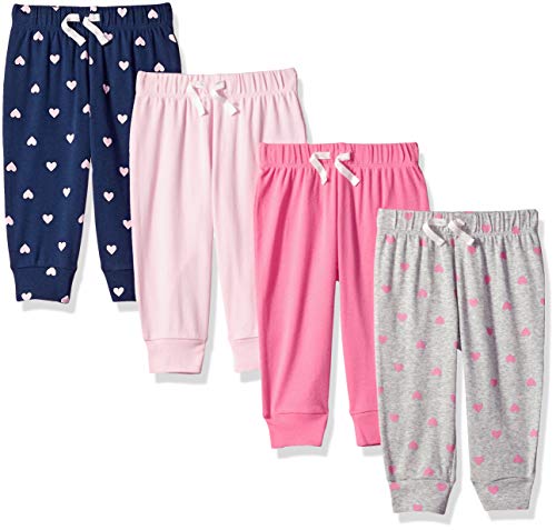 Amazon Essentials Baby Mädchen Baumwollhosen Zum Schlüpfen, 4er-Pack, Grau Herzen/Hellrosa/Marineblau/Rosa, 0-3 Monate von Amazon Essentials