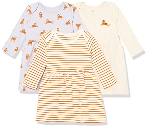 Amazon Essentials Baby Mädchen Langarm-Kleid, 3er-Pack, Elfenbein/Lila/Orange Streifen/Katze, 24 Monate von Amazon Essentials