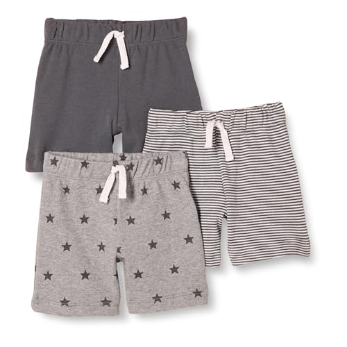 Amazon Essentials Unisex Baby Baumwollshorts Zum Schlüpfen, 3er-Pack, Grau Meliert Sterne/Schwarz/Weiß Streifen, 6-9 Monate von Amazon Essentials