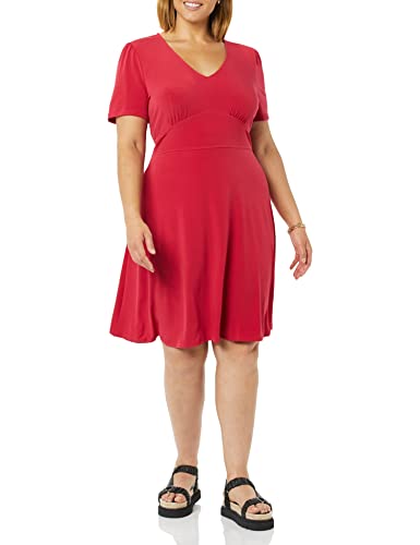 Amazon Essentials Damen Ausgestelltes Kurzarm-Kleid Mit V-Ausschnitt Und Geraffter Passform, Himbeerrot, L von Amazon Essentials