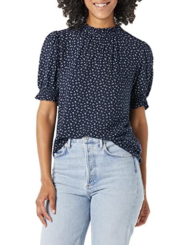 Amazon Essentials Damen Hemd Aus Fluid Twill Mit Kurzen Puffärmeln Und Smockdetails, Marineblau Weiß Ditsey Muster, L von Amazon Essentials