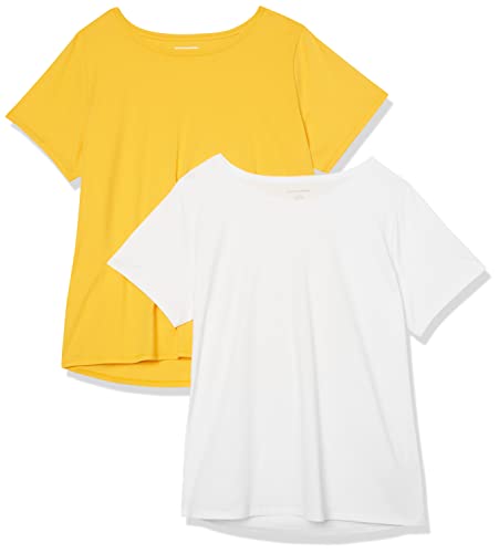 Amazon Essentials Damen Kurzärmeliges T-Shirt Aus 100% Baumwolle Mit Rundhalsausschnitt, Klassischer Schnitt (Erhältlich In Übergröße), 2er-Pack, Weiß/Goldgelb, XL von Amazon Essentials