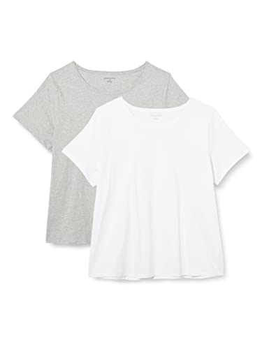 Amazon Essentials Damen Kurzärmeliges T-Shirt Aus 100% Baumwolle Mit Rundhalsausschnitt, Klassischer Schnitt (Erhältlich In Übergröße), 2er-Pack, Weiß/Hellgrau Meliert, L von Amazon Essentials