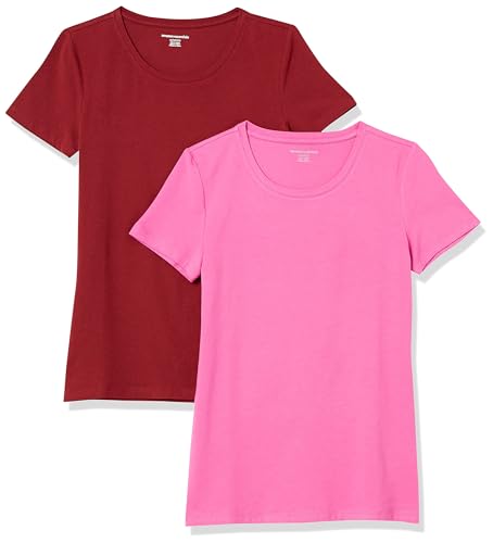 Amazon Essentials Damen Kurzärmeliges T-Shirt mit Rundhalsausschnitt, Klassischer Schnitt, 2er-Pack, Burgunderrot/Rosa, XL von Amazon Essentials