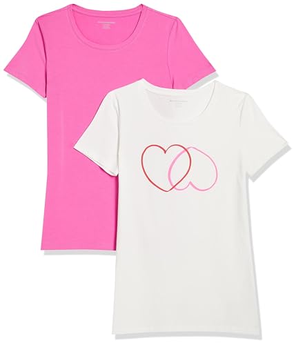 Amazon Essentials Damen Kurzärmeliges T-Shirt mit Rundhalsausschnitt, Klassischer Schnitt, 2er-Pack, Rosa/Weiß Herzen, L von Amazon Essentials
