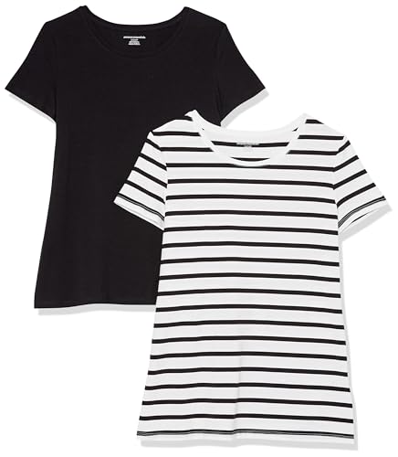 Amazon Essentials Damen Kurzärmeliges T-Shirt mit Rundhalsausschnitt, Klassischer Schnitt, 2er-Pack, Schwarz/Weiß Streifen, XL von Amazon Essentials