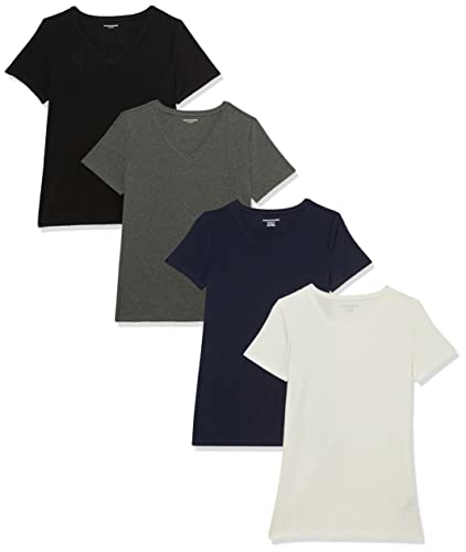 Amazon Essentials Damen Kurzärmeliges T-Shirt mit Rundhalsausschnitt, Klassischer Schnitt, 4er-Pack, Dunkelgrau Meliert/Marineblau/Weiß, M von Amazon Essentials