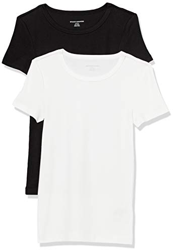 Amazon Essentials Damen Kurzärmeliges T-Shirt mit Rundhalsausschnitt, Schmale Passform, 2er-Pack, Schwarz/Weiß, XS von Amazon Essentials