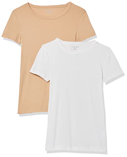 Amazon Essentials Damen Kurzärmeliges T-Shirt mit Rundhalsausschnitt, Schmale Passform, 2er-Pack, Weiß/Helles Kamelbraun, XXL von Amazon Essentials