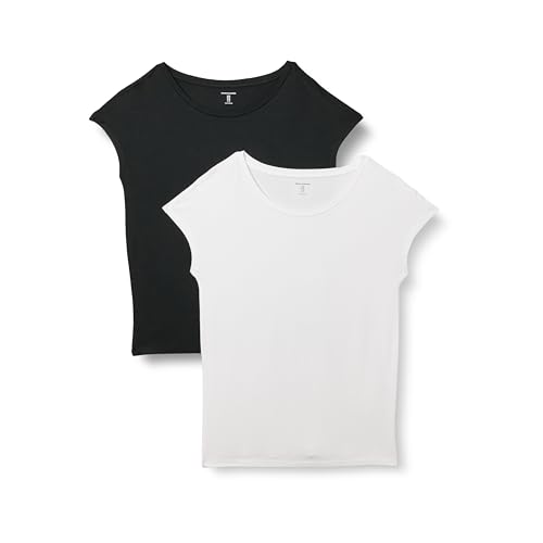 Amazon Essentials Damen Kurzärmeliges T-Shirt mit U-Boot-Ausschnitt aus Jersey, Reguläre Passform, 2er-Pack, Schwarz/Weiß, XS von Amazon Essentials