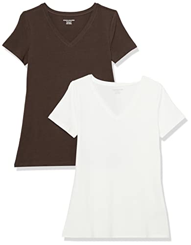 Amazon Essentials Damen Kurzärmeliges T-Shirt mit V-Ausschnitt, Klassischer Schnitt, 2er-Pack, Espresso/Weiß, XS von Amazon Essentials