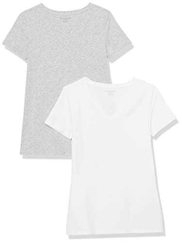 Amazon Essentials Damen Kurzärmeliges T-Shirt mit V-Ausschnitt, Klassischer Schnitt, 2er-Pack, Hellgrau Meliert/Weiß, S von Amazon Essentials