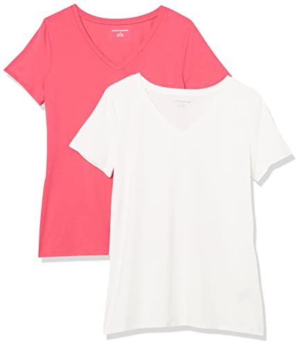 Amazon Essentials Damen Kurzärmeliges T-Shirt mit V-Ausschnitt, Klassischer Schnitt, 2er-Pack, Kräftiges Rosa/Weiß, XL von Amazon Essentials