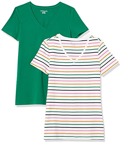 Amazon Essentials Damen Kurzärmeliges T-Shirt mit V-Ausschnitt, Klassischer Schnitt, 2er-Pack, Dunkelgrün/Weiß Streifen, XL von Amazon Essentials